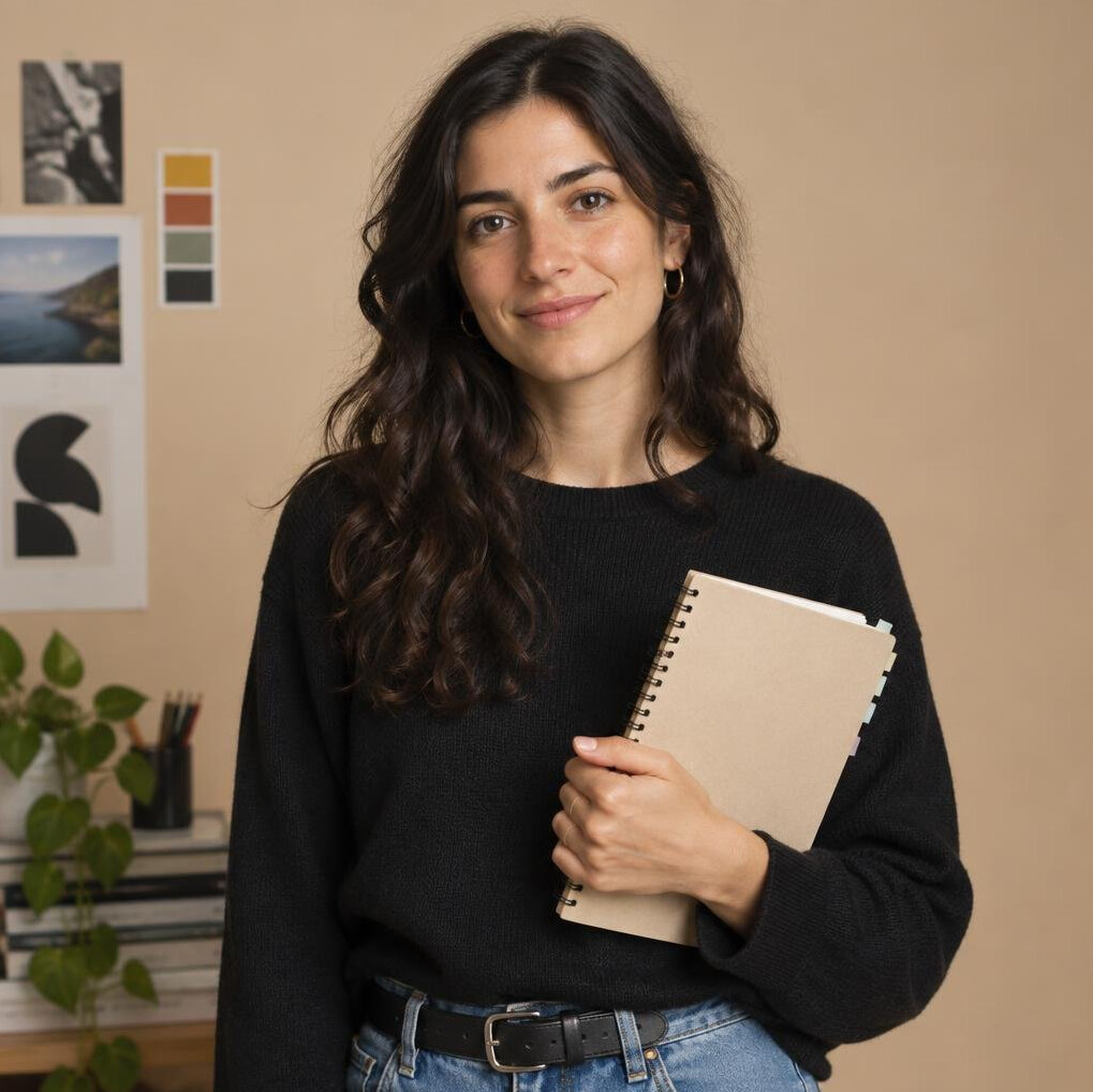 Studio portrait of a Portuguese woman in her twenties, graphic researcher