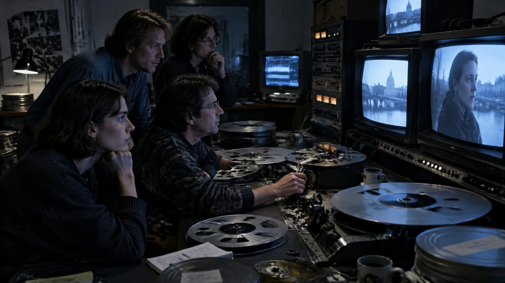 Film editor reviewing footage on vintage editing equipment in a studio