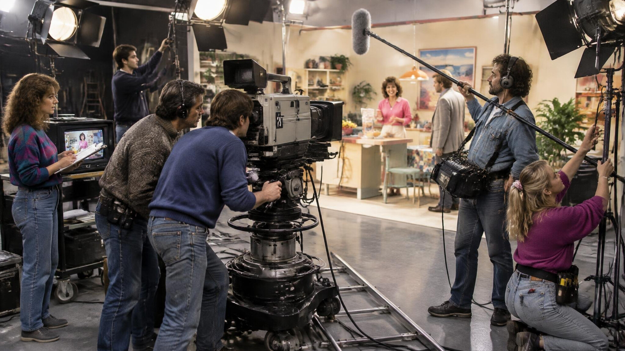 Film crew setting up cameras and lights for a commercial shoot