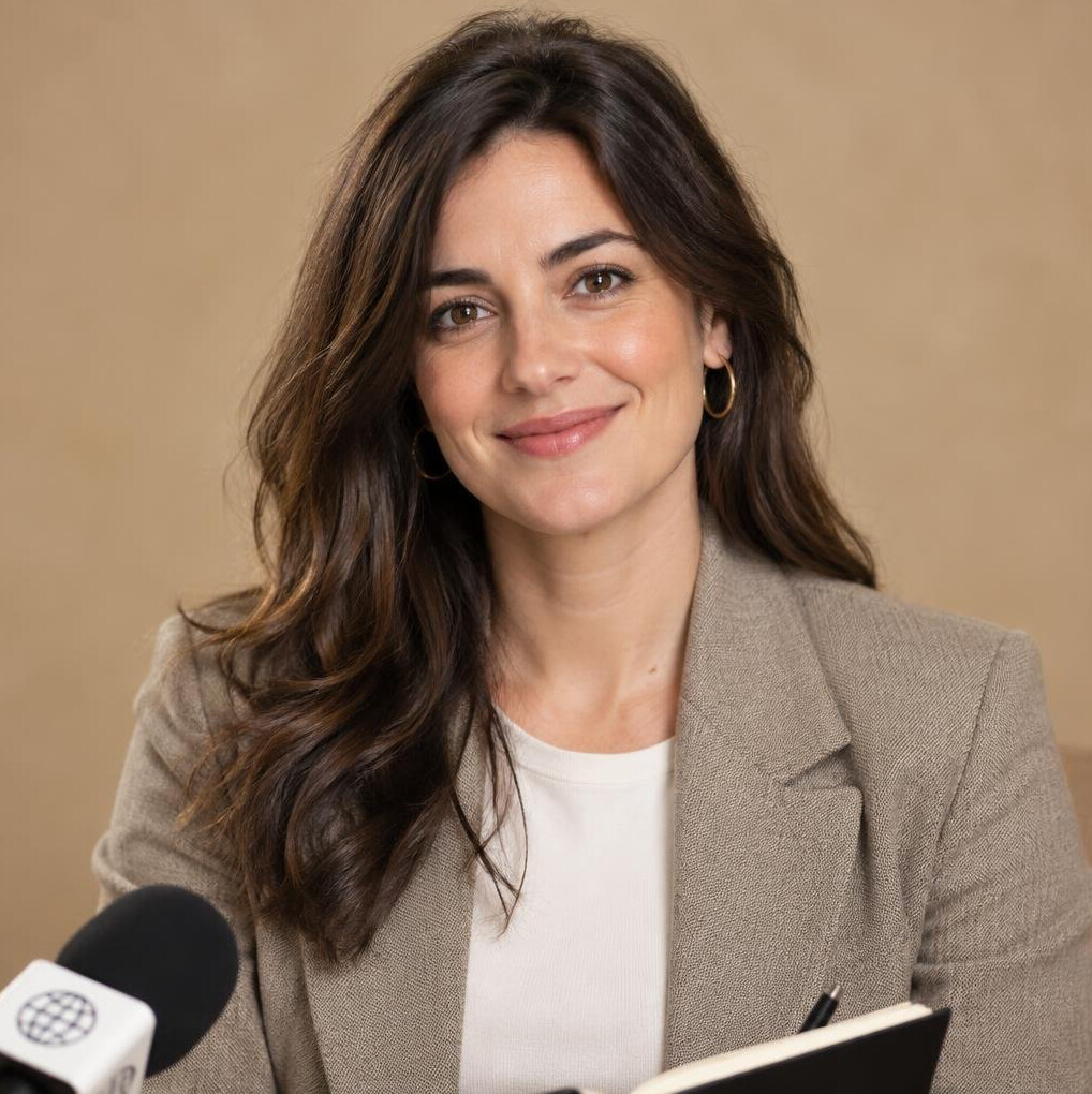 Studio portrait of a Portuguese woman in her thirties, journalist